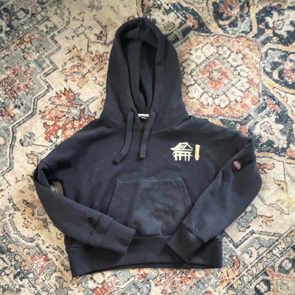 Superdry Navy Cropped Fleece Logo Hoodie Women’s US 4 Yokahama Embroidered